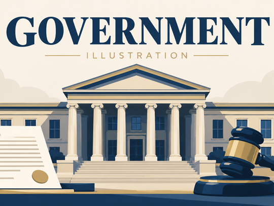 Government news illustration with a civic building, document, and gavel.