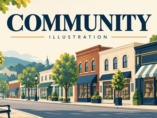 Community illustration with small-town storefronts and trees.