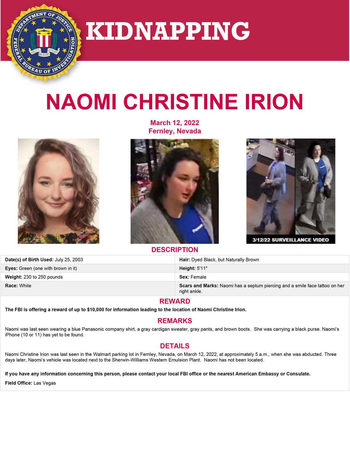 FBI offers $10,000 reward for information in locating Naomi Irion