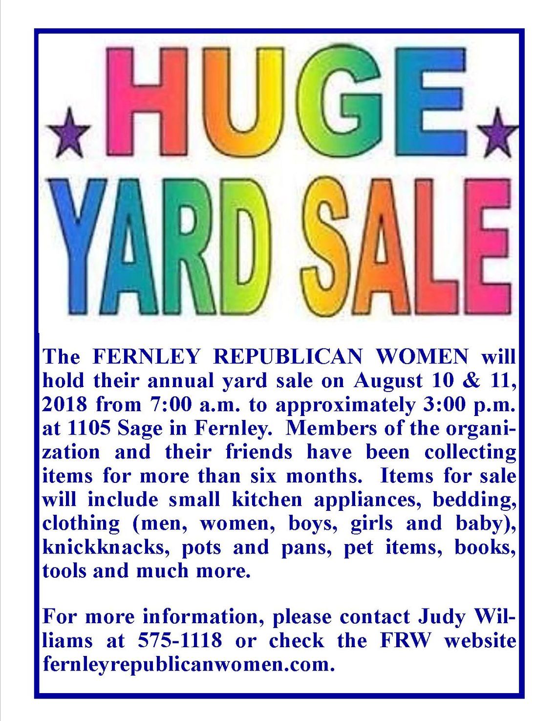 Fernley Republican Women annual yard sale Aug. 10-11