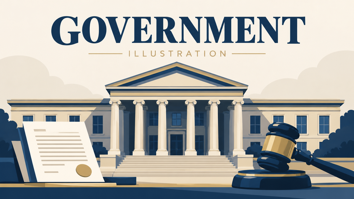 Fernley Takes Power Into Its Own Hands Government news illustration with a civic building, document, and gavel.