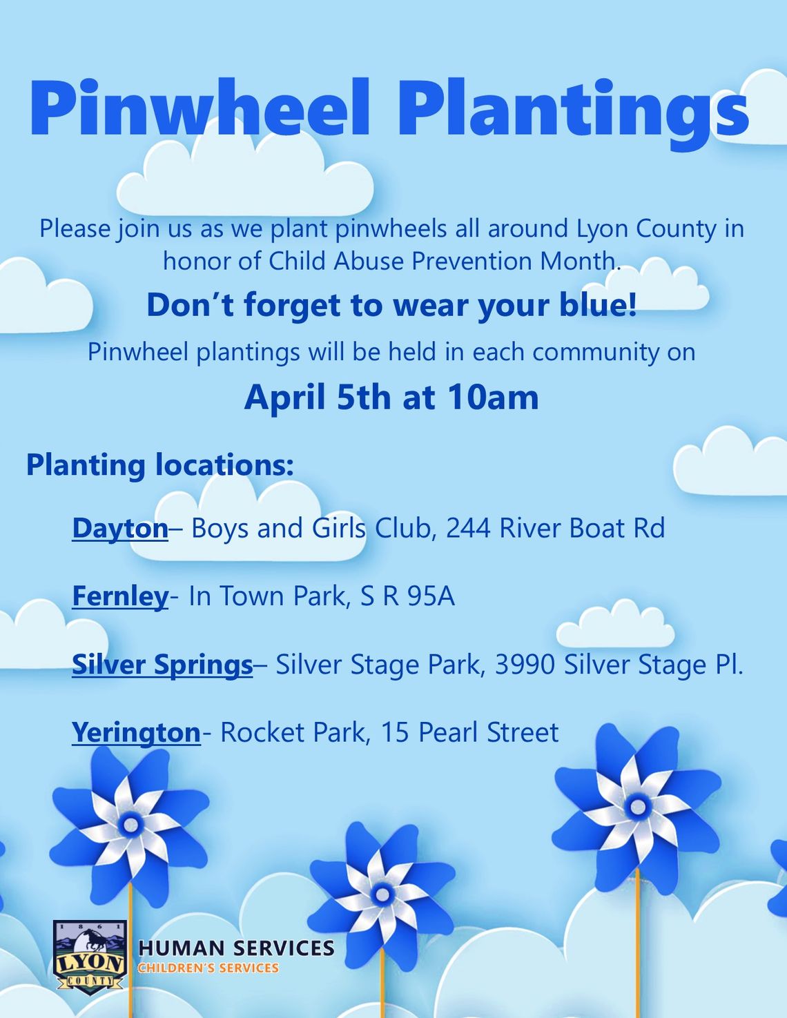 Lyon County Human Services planting pinwheels for Child Abuse Prevention Month