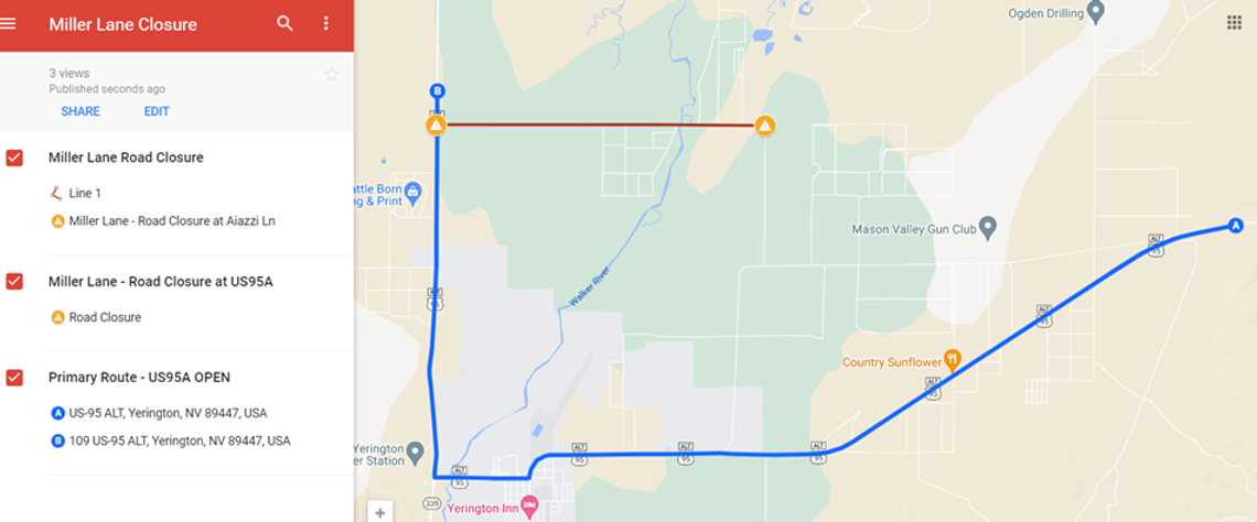 Miller Lane closed between US 95A and Aiazzi Lane in Yerington