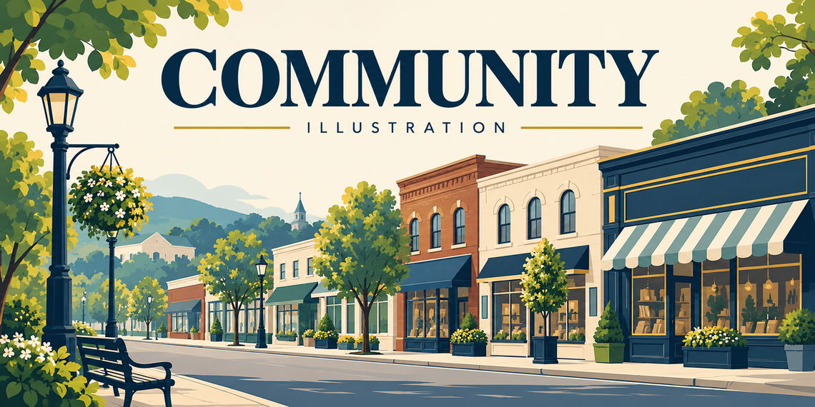 Community illustration with small-town storefronts and trees.