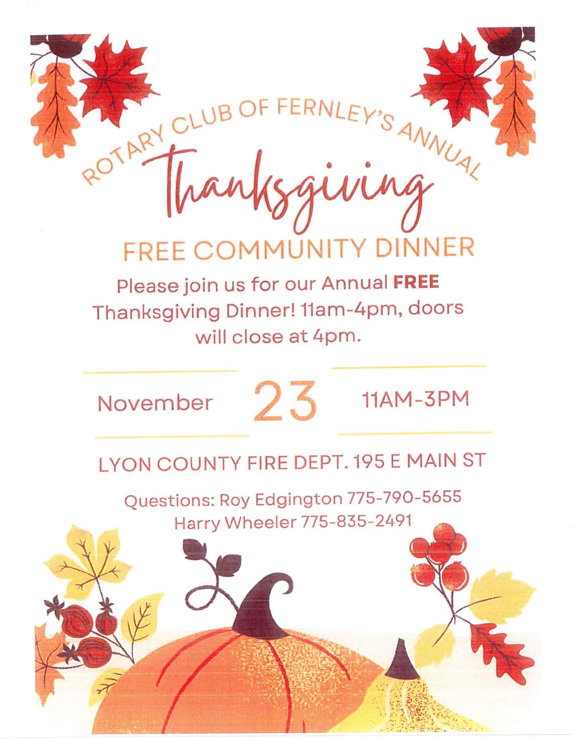 Rotary Club hosting free community Thanksgiving dinner at fire station