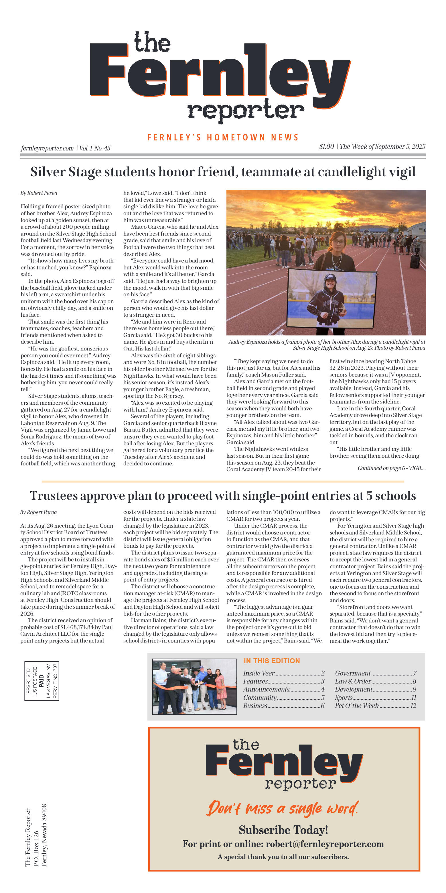 Sept. 5, 2025 - Silver Stage students honor friend - page 1