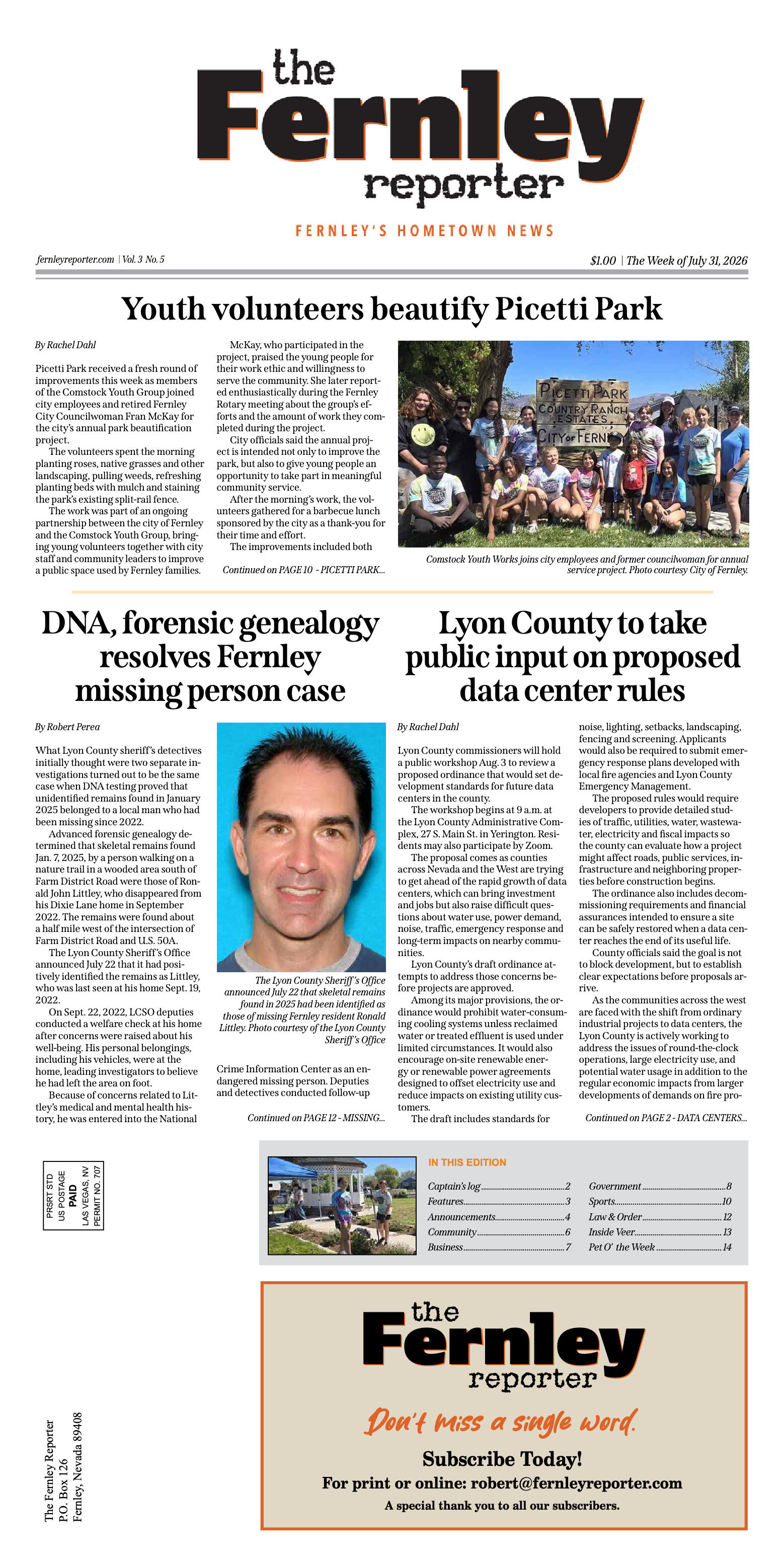 July 31, 2026 - The Fernley Reporter - page 1