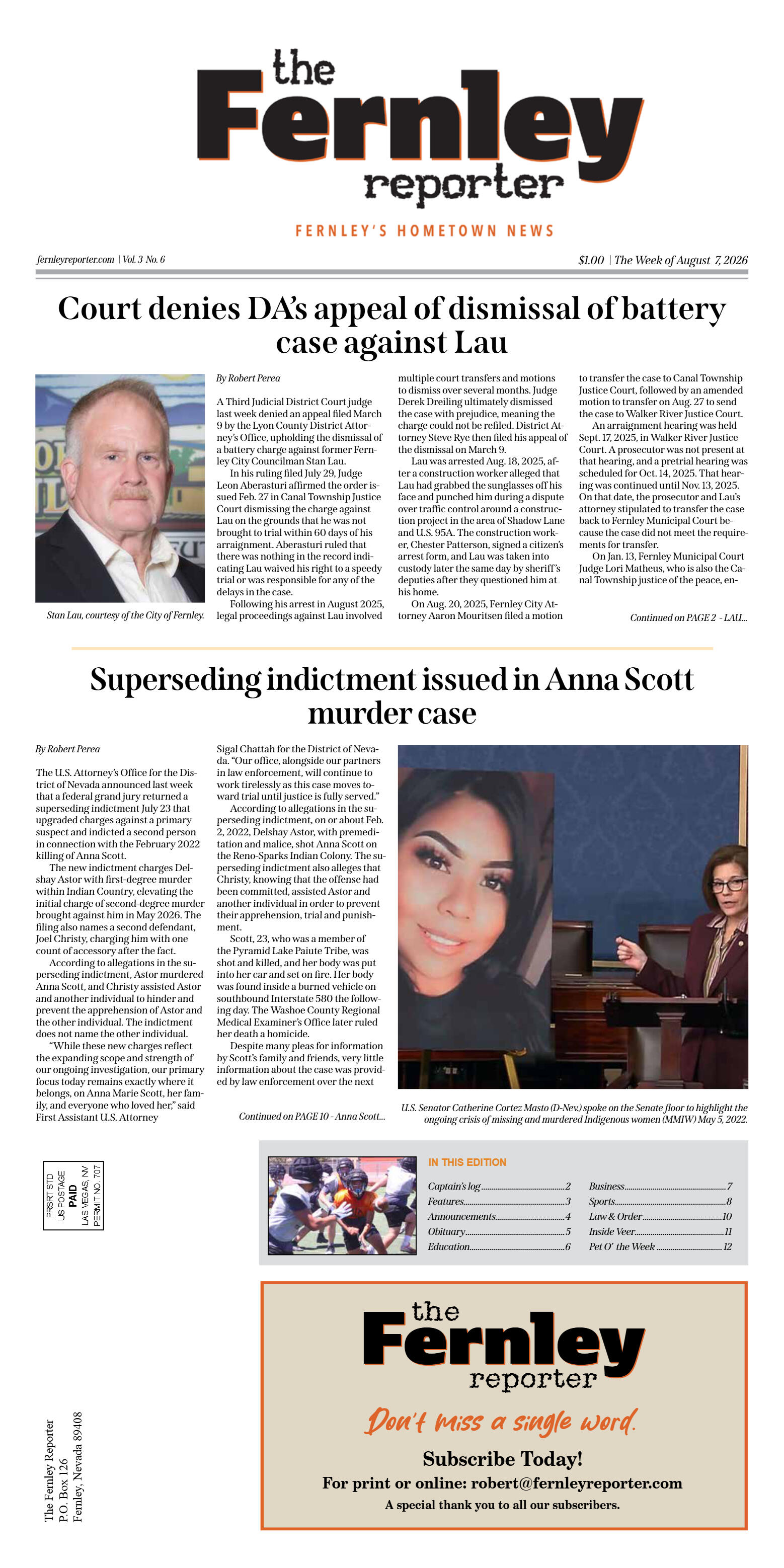August 7, 2026 - The Fernley Reporter - page 1