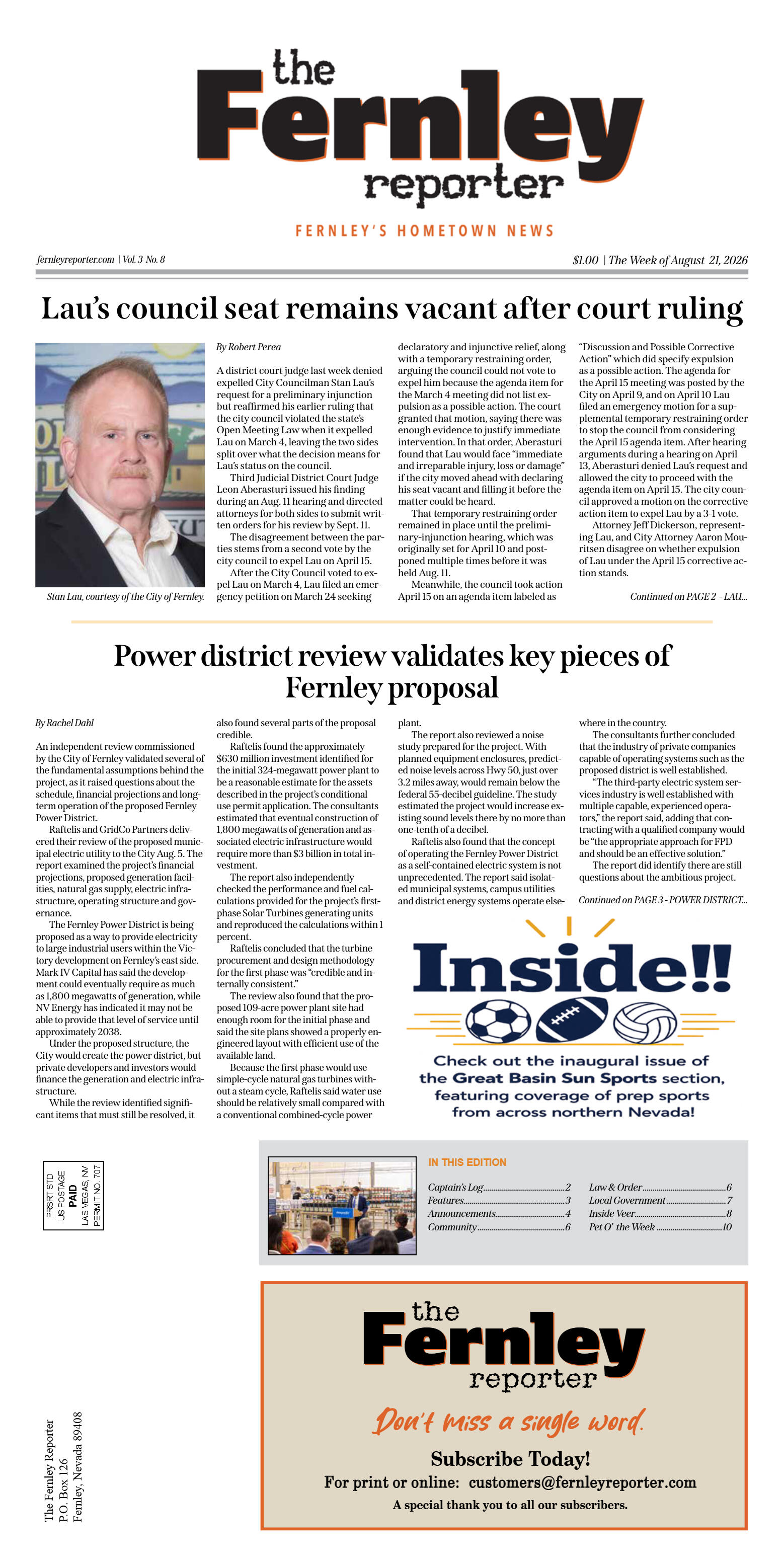 August 21, 2026 - Lau’s council seat remains vacan - page 1